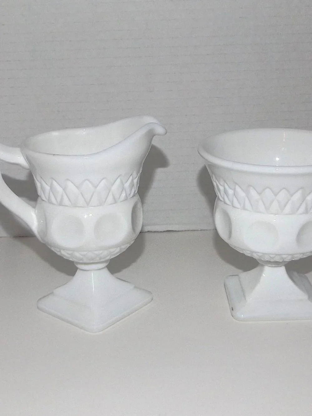 1957-58 McKee Plymouth Thumbprint White Milk Glass Creamer & Sugar Bowl